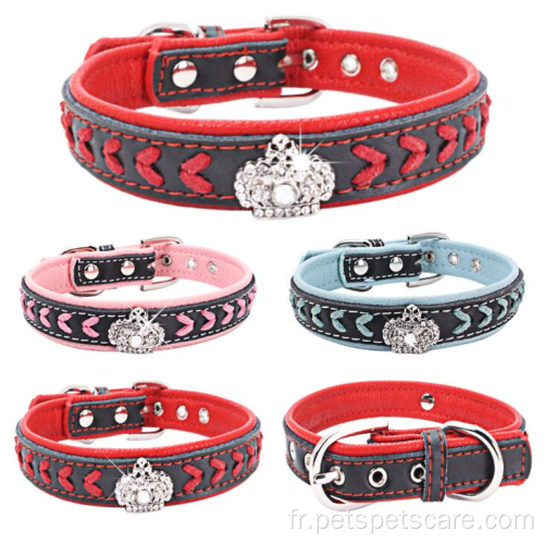 Fashion Rhinestone Crown Rivet Designers Collar en cuir pour chien